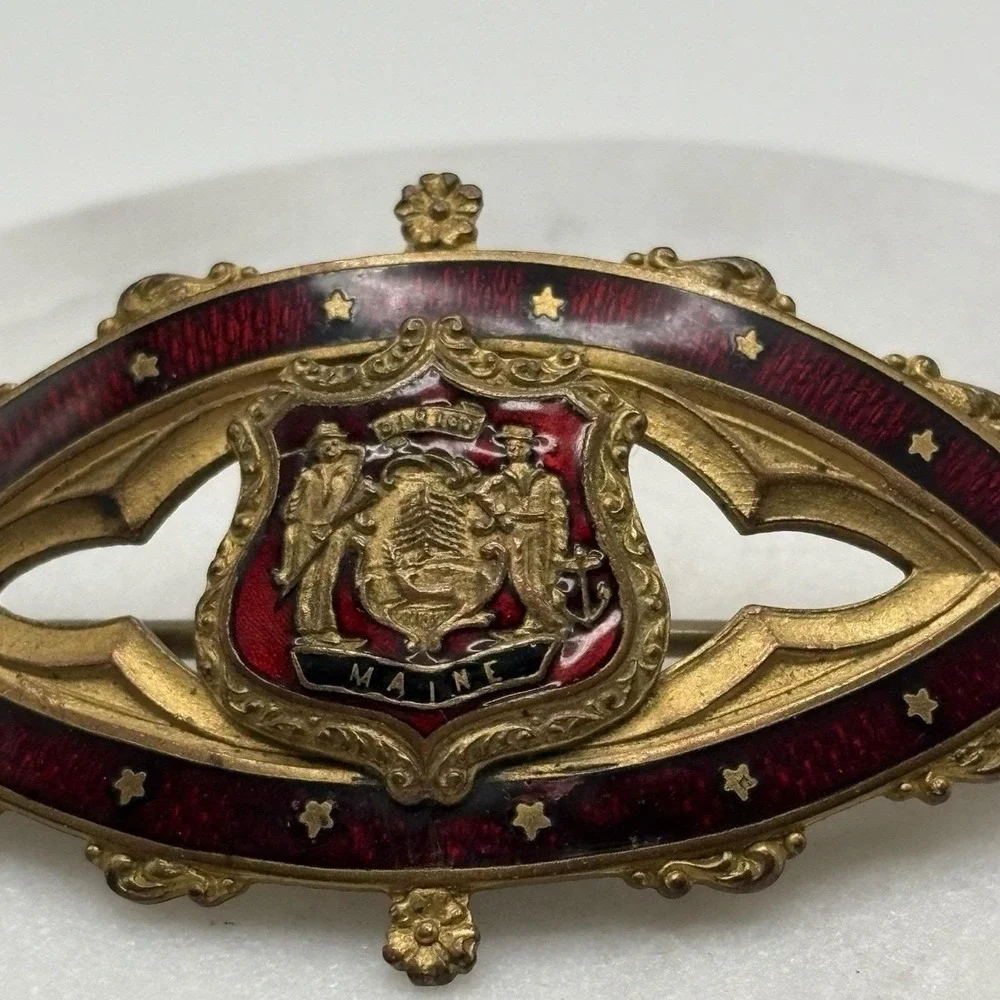 Antique Victorian Sash Pin Guilloche Enamel Pin Brooch Maine Coat of Arms